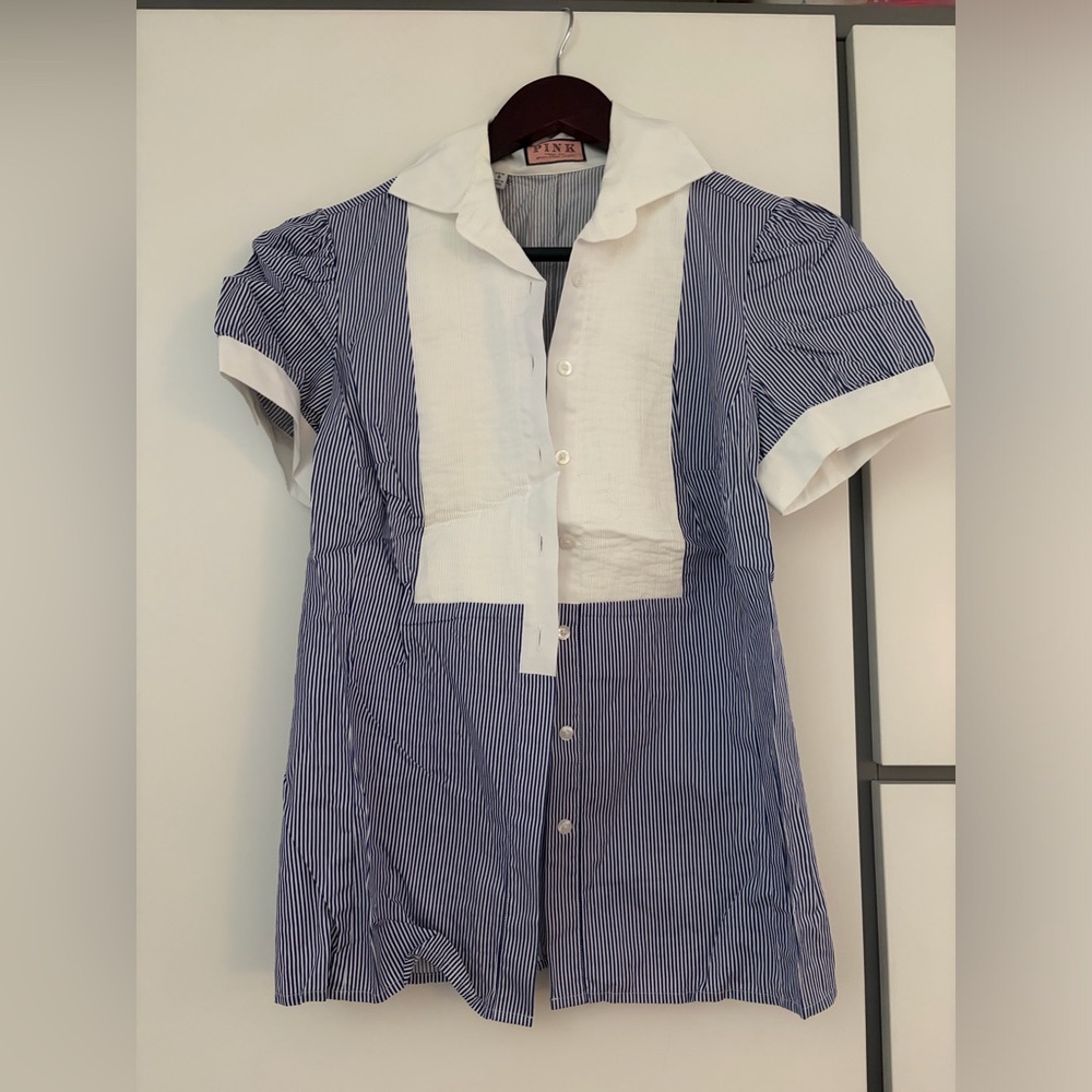 Thomas Pink Blue and White Striped Short-Sleeve Button-Down Shirt